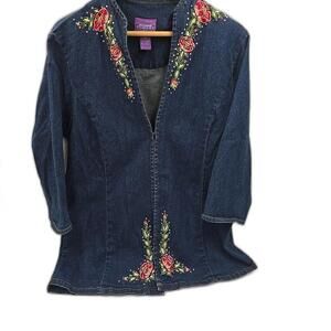 Suzanne Somers Collection Embroidered Floral Rhinestone‎ Jean Jacket Size M